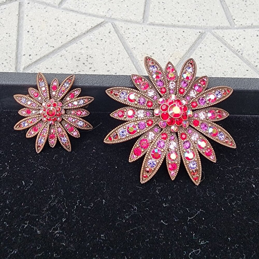 Joan Rivers Aurora Borealis Crystal Swarovski Flower Brooch 2 Piece Set Vintage - Picture 2 of 6